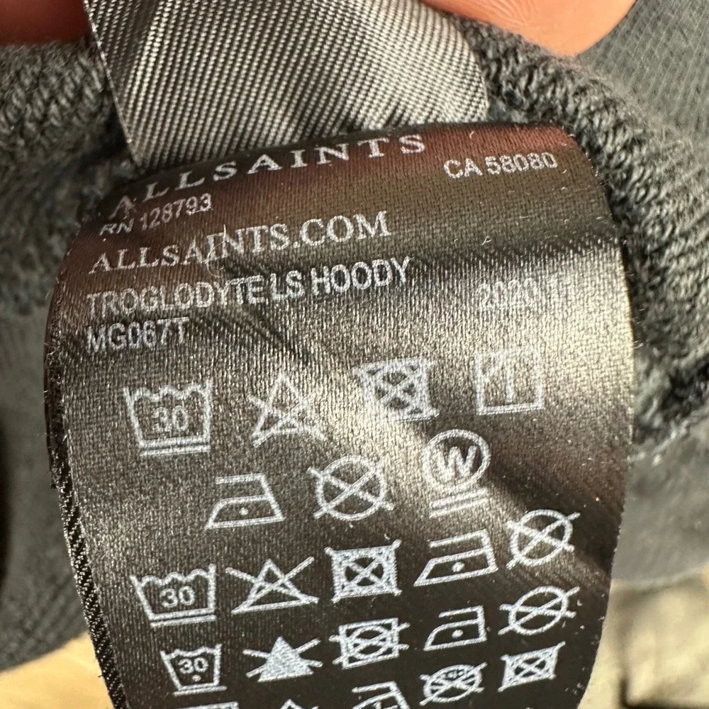 AllSaints Troglodyte LS Hoody Black Graphic Sleeve Pullover Hoodie Mens Large
